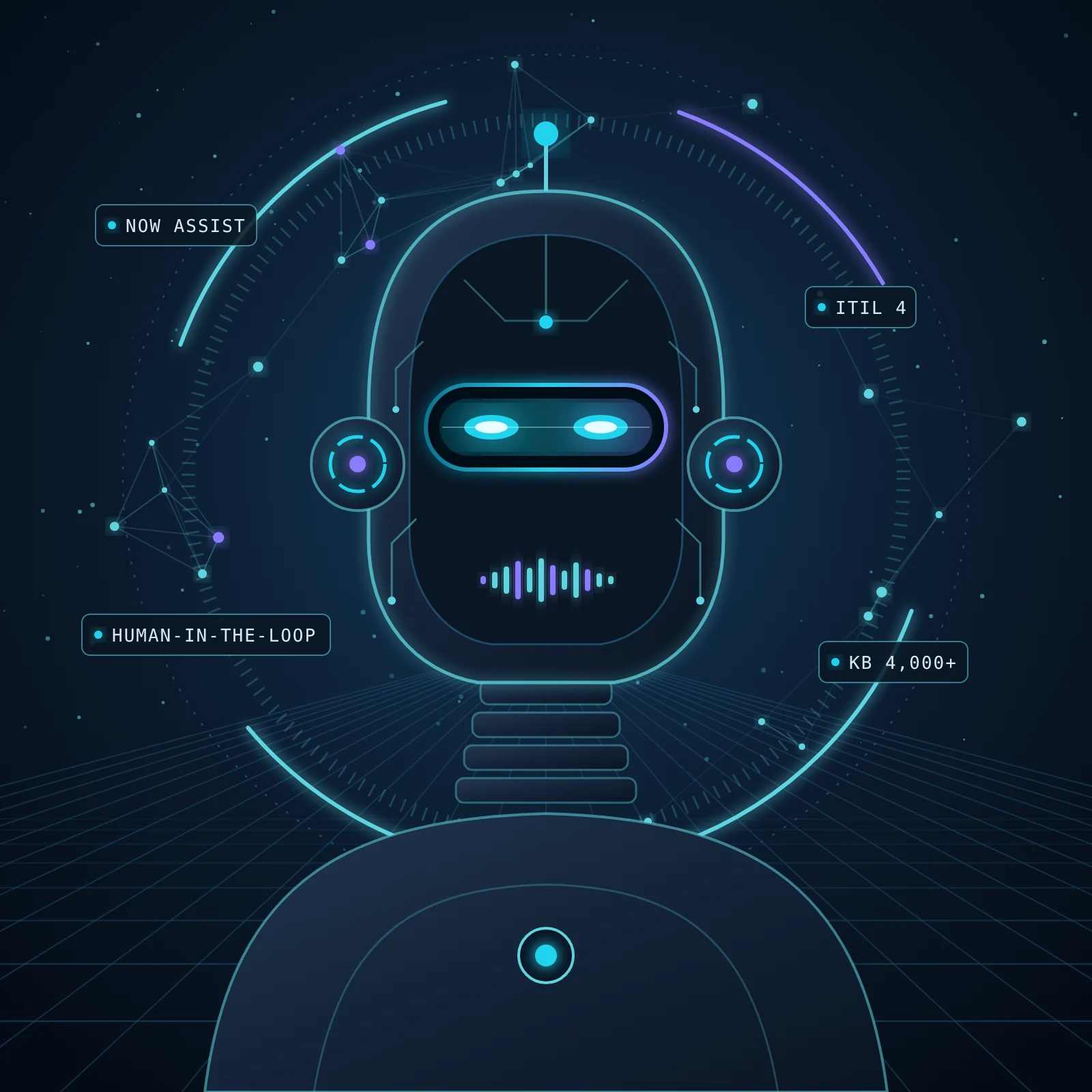 Ilustración de un robot de inteligencia artificial rodeado de una red neuronal.